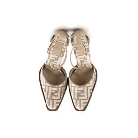 Fendi Women's FF Cut Ankle Strap Pumps Zucca Jacquard with Leather (Neutral)