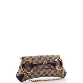 Gucci Horsebit Chain Clutch GG Canvas with Leather Medium (Brown)