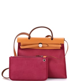 Hermes Herbag Zip Leather and Toile 31 (Brown, Pink)