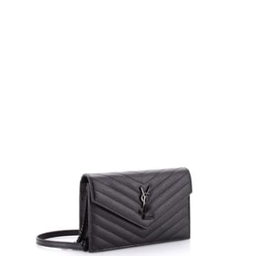 Saint Laurent Classic Monogram Wallet on Chain Matelasse Chevron Leather Small (Black)
