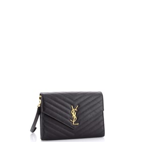 Saint Laurent Classic Monogram Envelope Wristlet Clutch Matelasse Chevron Leather (Black)