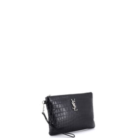 Saint Laurent Classic Monogram Wristlet Pouch Crocodile Embossed Leather Small (Black)