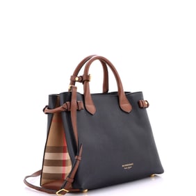 Burberry Banner Tote Leather and House Check Canvas Medium Black