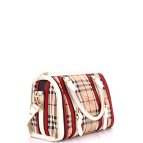 Burberry Color Block Alchester Bowling Bag Haymarket Coated Canvas and Leather Medium White