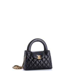 Chanel Kelly Top Handle Shopping Bag Quilted Shiny Aged Calfskin Mini Black