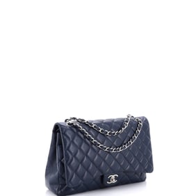 Chanel Classic Double Flap Bag Quilted Caviar Maxi Blue