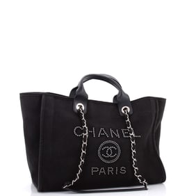 Chanel Deauville Tote Pearl Embellished Canvas Medium Black