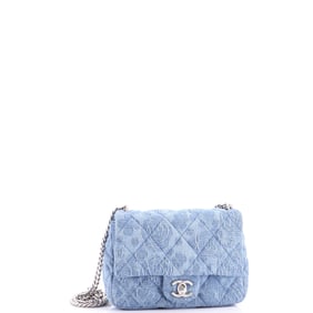 Chanel Sweet Heart Chain Square Flap Bag Quilted Camellia Denim Mini Blue