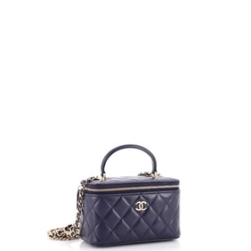 Chanel Classic Top Handle Vanity Case with Chain Quilted Lambskin Small Blue