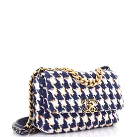 Chanel 19 Flap Bag Quilted Houndstooth Tweed and Ribbon Medium Blue, Multicolor, White