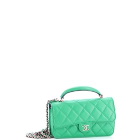 Chanel Classic Top Handle Flap Phone Holder with Chain Quilted Lambskin Green