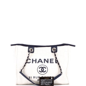 Chanel Deauville Tote Raffia Small Blue, Neutral
