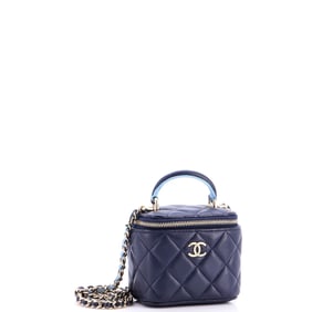 Chanel Classic Top Handle Vanity Case with Chain Quilted Lambskin Mini Blue