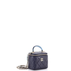 Chanel Classic Top Handle Vanity Case with Chain Quilted Lambskin Mini Blue