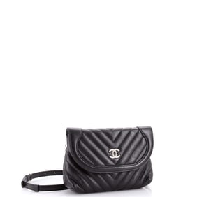 Chanel Round Flap Convertible Waist Bag Chevron Calfskin Black