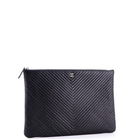 Chanel O Case Clutch Chevron Calfskin Large Black