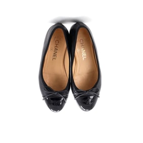 Chanel Women's CC Cap Toe Bow Ballerina Flats Leather and Patent Black