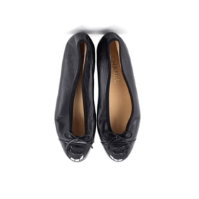 Chanel Women's CC Cap Toe Bow Ballerina Flats Leather and Patent Black