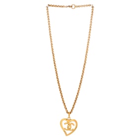 Chanel Vintage CC Heart Pendant Long Necklace Metal Gold