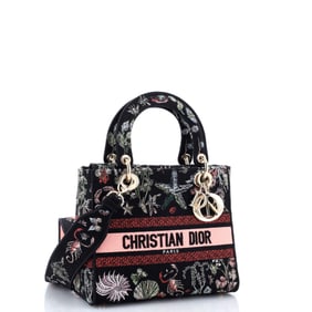 Christian Dior Lady D-Lite Bag Embroidered Canvas Medium Black, Multicolor, Pink