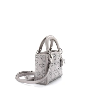 Christian Dior Lady Dior Bag Crystal Embellished Cannage Quilt Satin Mini Gray