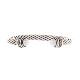 David Yurman Cable Classic Crossover Bracelet Sterling Silver with Diamonds and Pearls 7mm Silver