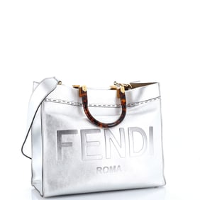 Fendi Sunshine Shopper Tote Leather Medium Metallic, Silver