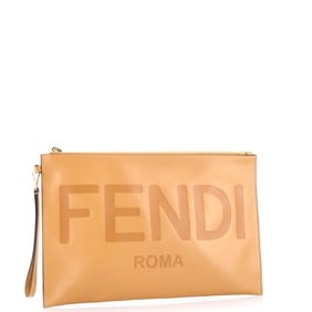 Fendi Logo Flat Wristlet Pouch Embossed Leather Large Neutral