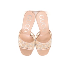 Gucci Women's Heeled Mule Sandals Crystal GG Embellished Mesh Neutral