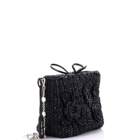 Miu Miu Flower Crystal Chain Shoulder Bag Woven Raffia Black