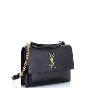 Saint Laurent Sunset Top Handle Shoulder Bag Leather Medium Black