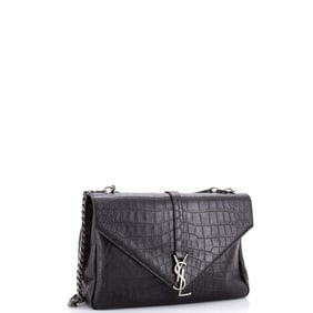 Saint Laurent Classic Monogram College Bag Crocodile Embossed Leather Large Black