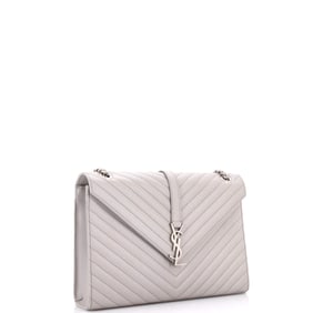 Saint Laurent Classic Monogram Envelope Satchel Matelasse Chevron Leather Large Gray