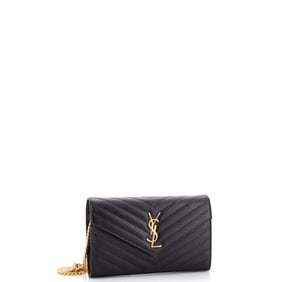 Saint Laurent Classic Monogram Wallet on Chain Matelasse Chevron Leather Medium Black