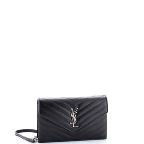 Saint Laurent Classic Monogram Wallet on Chain Matelasse Chevron Leather Small Black