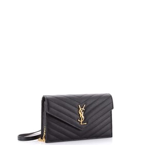Saint Laurent Classic Monogram Wallet on Chain Matelasse Chevron Leather Small Black