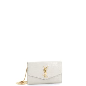 Saint Laurent Uptown Chain Wallet Crocodile Embossed Leather Neutral