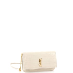 Saint Laurent Classic Monogram Phone Holder Shoulder Bag Crocodile Embossed Leather Neutral