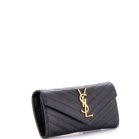 Saint Laurent Classic Monogram Flap Wallet Matelasse Chevron Leather Large Black