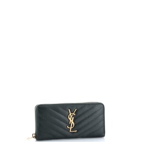 Saint Laurent Classic Monogram Zip Around Wallet Matelasse Chevron Leather Green