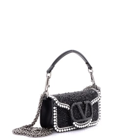 Valentino Garavani VLogo Loco Flap Shoulder Bag Embellished Leather Small Black