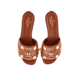 Valentino Garavani Women's Roman Stud Flat Slide Sandals Leather Brown
