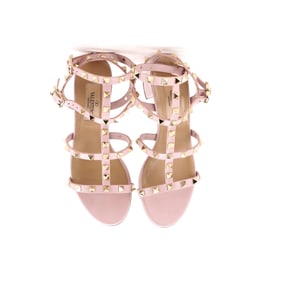 Valentino Garavani Women's Rockstud Caged Ankle Strap Block Heel Sandals Leather Pink