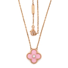 Van Cleef & Arpels Vintage Alhambra Pendant Necklace 18K Rose Gold and Pink Sevres Porcelain with