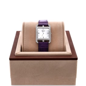 Hermes Cape Cod Quartz Watch Stainless Steel and Alligator with Diamond Bezel and Markers and Mother