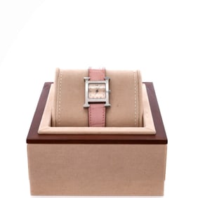 Hermes Heure H Quartz Watch Stainless Steel and Alligator with Diamond Markers and Mother of Pearl