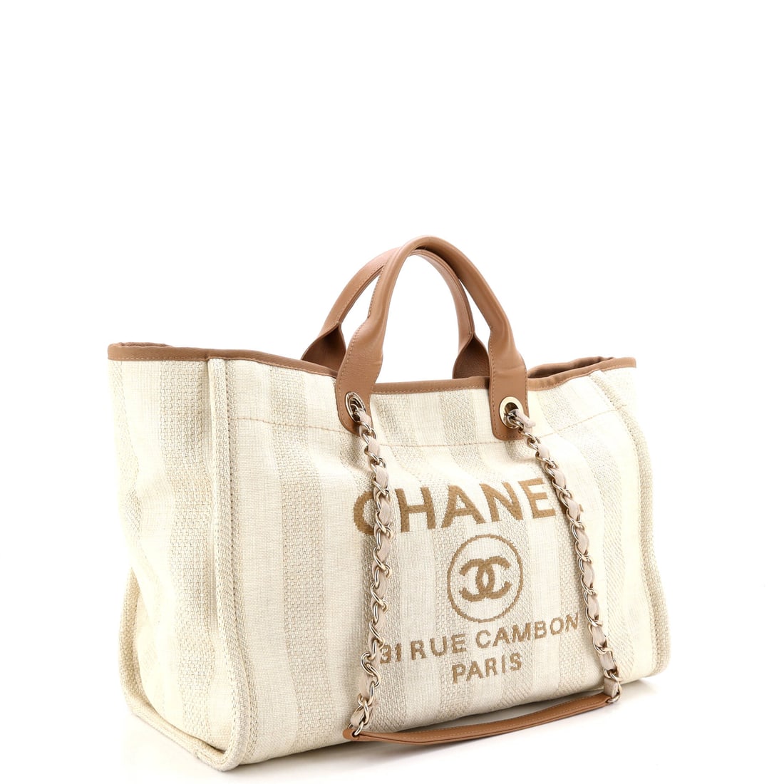 Chanel Chanel Deauville Tote Striped Mixed Fibers Medium: Proof that practical can still be deliciously luxe. Authentic Chanel Chanel Deauville Tote Striped Mixed Fibers Medium. Approx. 12.0 in H x 15.0 in W x 7.0 in D. A classic carry with a modern