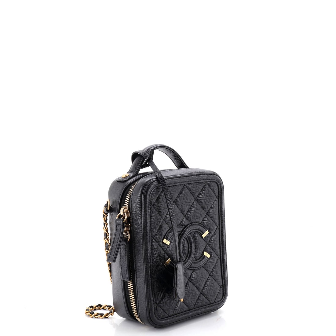 Chanel Chanel Filigree Vertical Vanity Case Quilted Caviar: A flex, but make it elegant. Authentic Chanel Chanel Filigree Vertical Vanity Case Quilted Caviar. Size check: 6.5 x 5.0 x 2.0 inches. Built for days that turn into nights. Easy to style, hard to