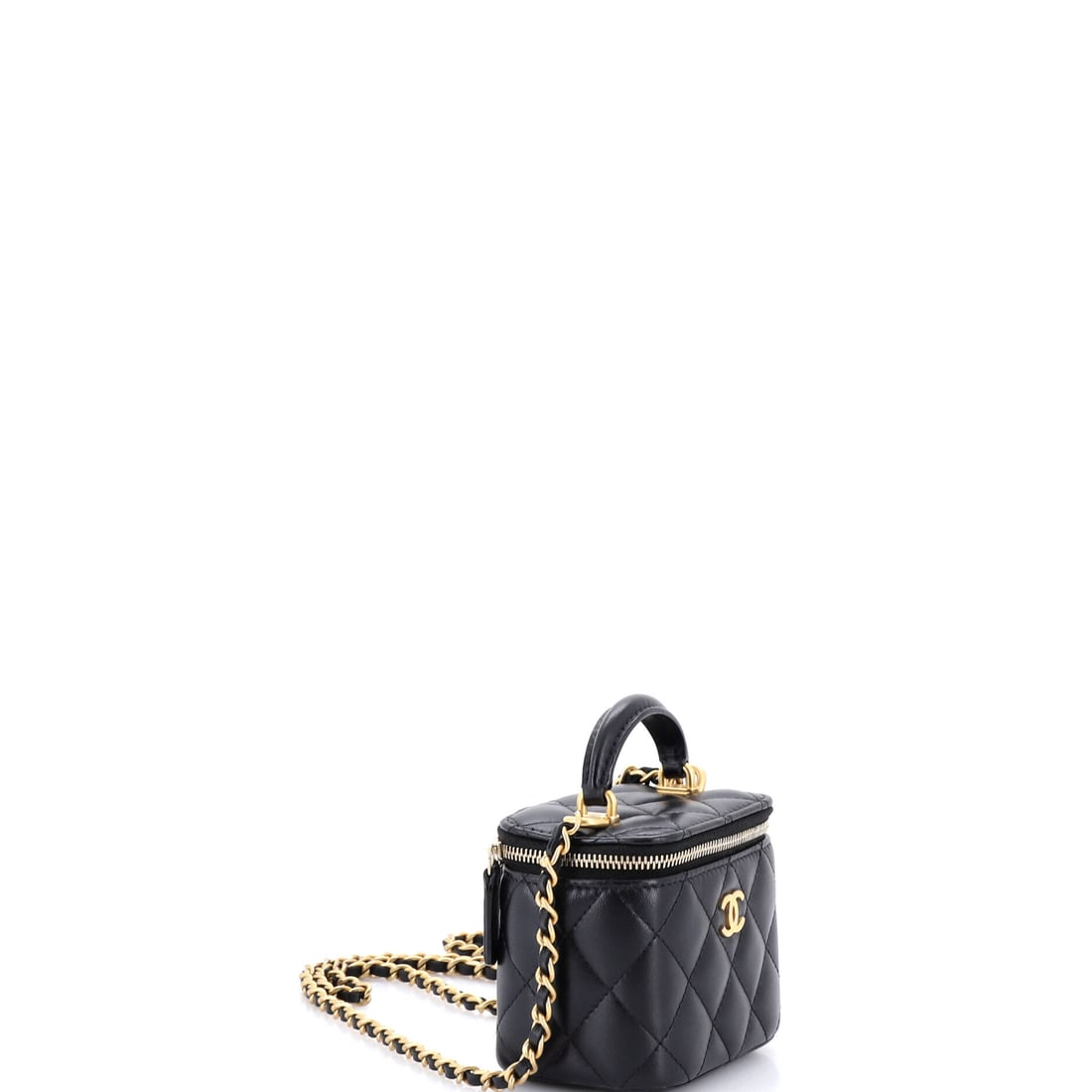 Chanel Chanel Classic Top Handle Vanity Case with Chain Quilted Lambskin Mini: Authentic Chanel Chanel Classic Top Handle Vanity Case with Chain Quilted Lambskin Mini. A certified glow-up for your rotation. Approximate dimensions are 3.5 by 4.0 by 3.0 inches. Designed to