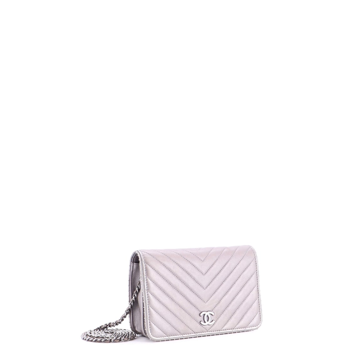 Chanel Chanel Wallet on Chain Chevron Lambskin with Studded Detail: Proof that practical can still be deliciously luxe. Authentic Chanel Chanel Wallet on Chain Chevron Lambskin with Studded Detail. Approx. 5.0 in H x 8.0 in W x 1.5 in D. A bright little power move for